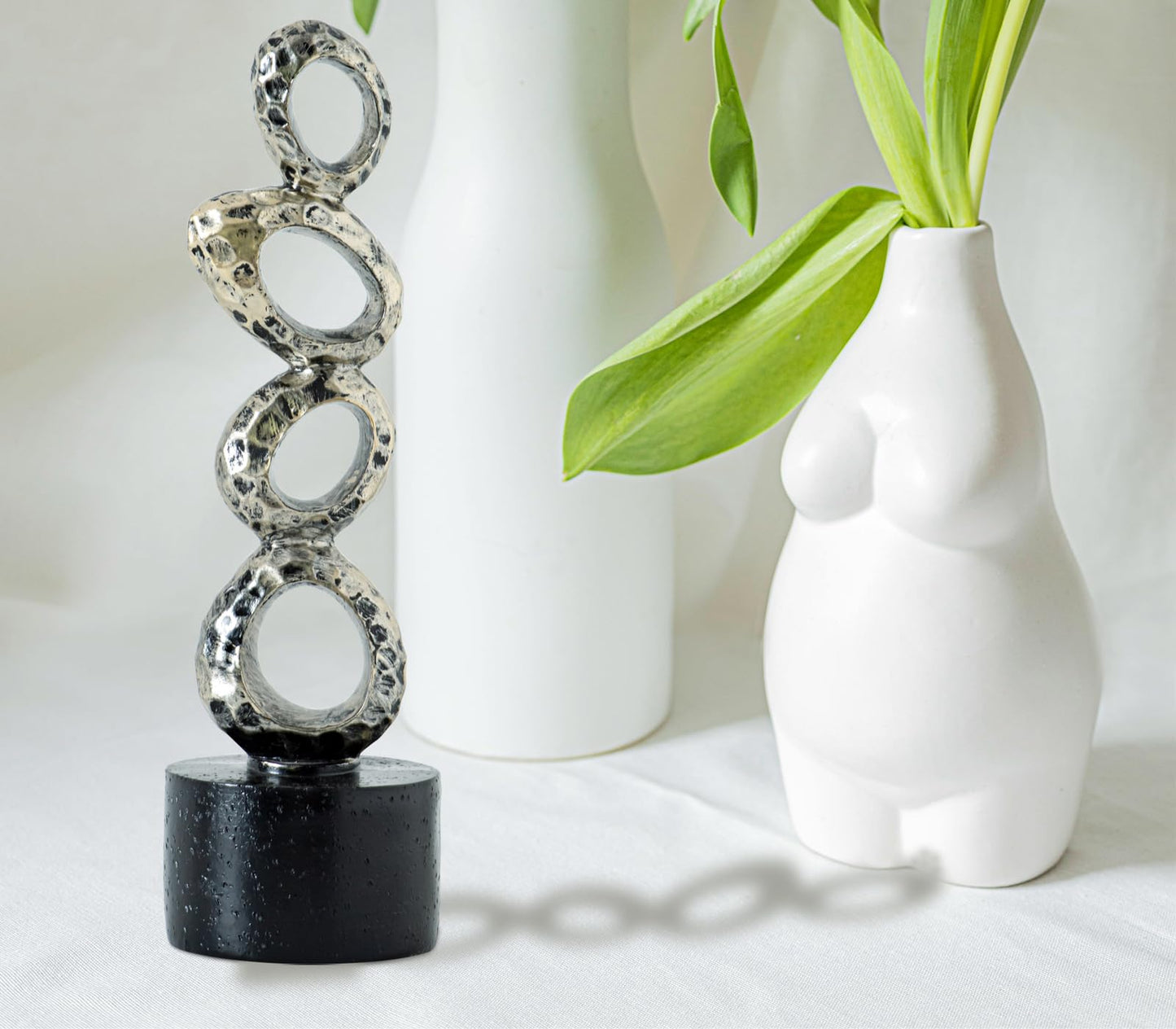 GABROC Modern Abstract Resin Sculpture - Irregular Gold Oval Rings with Black Cylindrical Base for Elegant Home & Office Decor