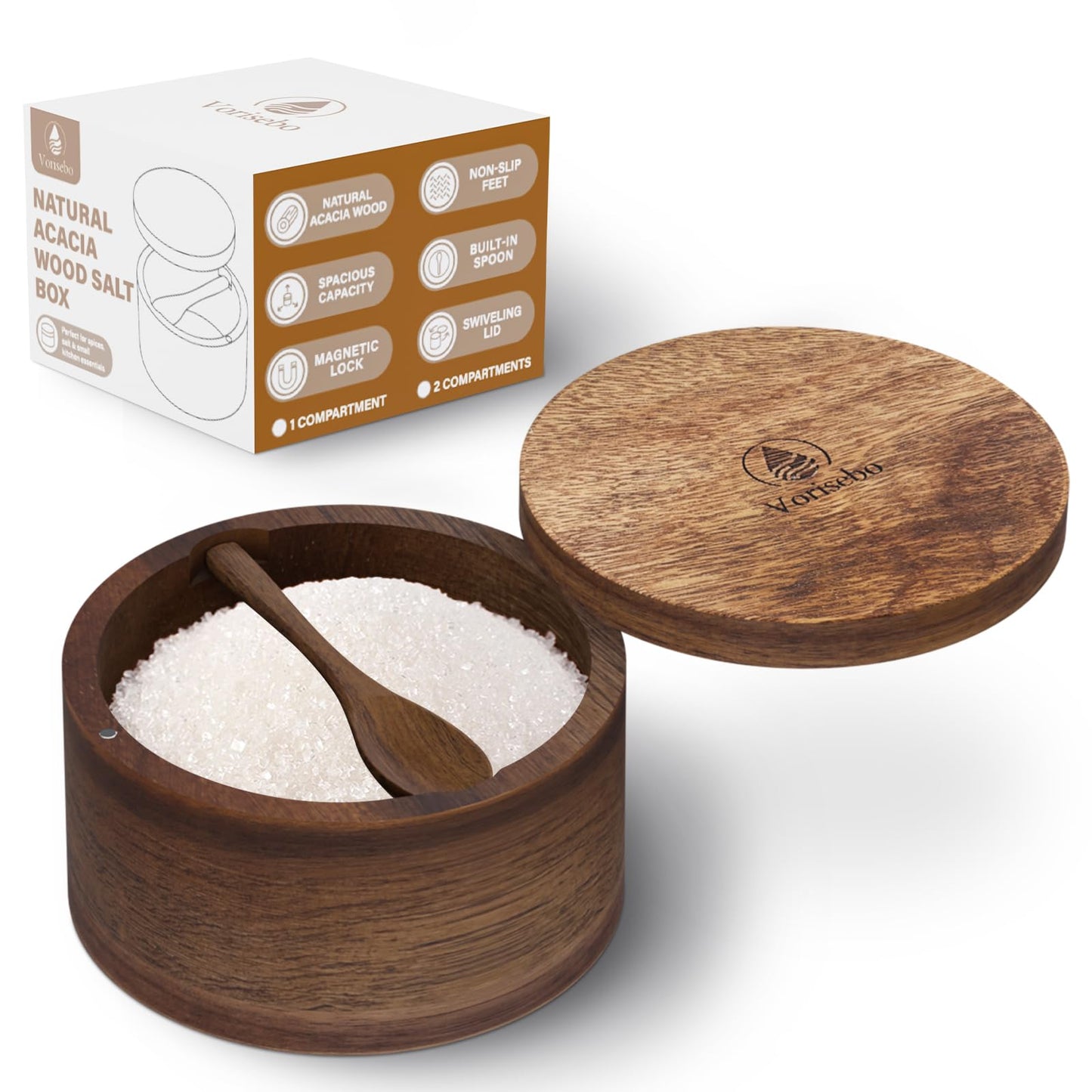 Vorisebo Acacia Wood Salt Container with Built-in Spoon, Elegant Salts Holder with Magnetic Swivel Lid, Salt Box for Kitchen to Storage Pepper, Spice or Favorite Seasonings, 6OZ