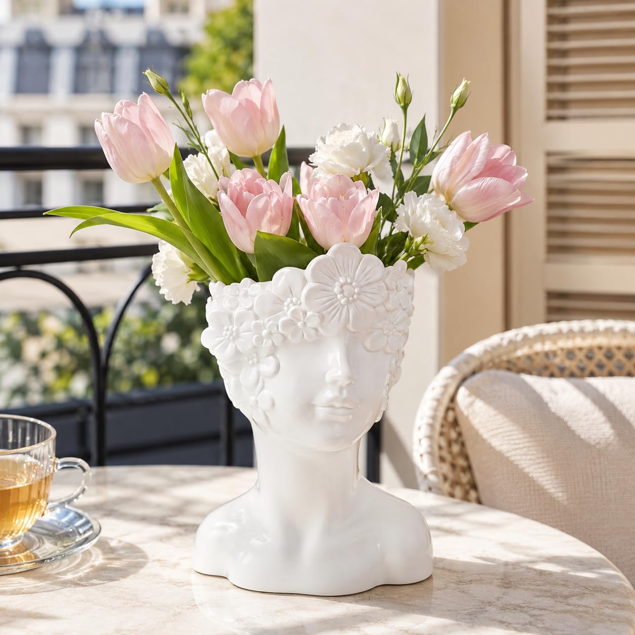 White Flower Vase,Face Vase Bust Head Shaped Ceramics Statue,Suitable for Birthday Gifts Home Office Decoration (Charming vase)