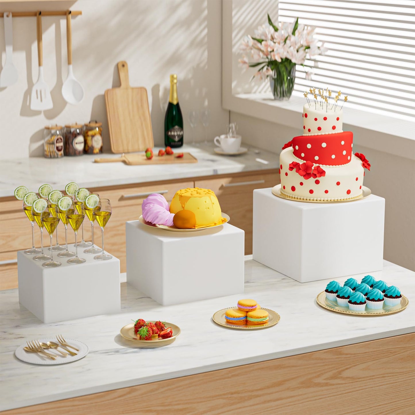 KOLIPI 3Pcs Buffet Risers, Food Risers for Buffet Table, Acrylic Boxes for Display Cube Riser Display Stand for Party Catering Dessert Collectibles, White Set (Size 8", 7", 6")