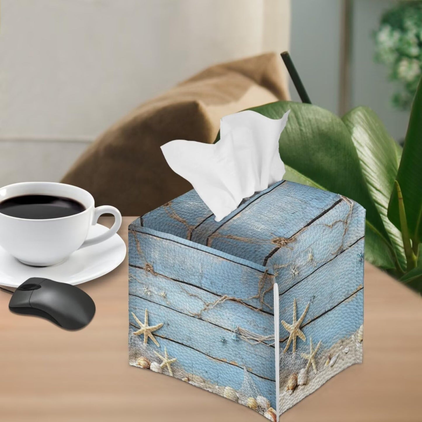 Tutolipy Tissue Box Holder Square Tissue Box Cover Facial Tissue Box Covers Cube Napkin Organizer Dispenser for Bedroom Office Bathroom Decor, Starfish Blue