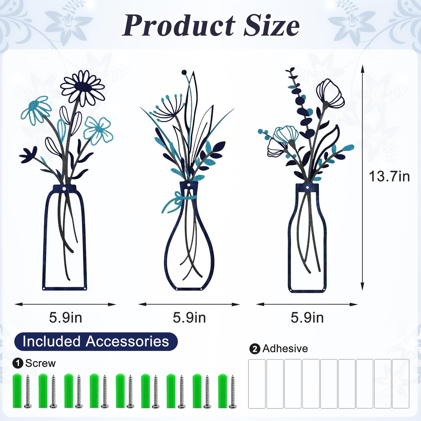 Embewhis Metal Wall Art Flowers 3pcs, Rustic Farmhouse Flower Sculptures, 13.7" Wall Art Decor, Drill-Free Install Option for Living Room, Kitchen, Bedroom & Bathroom