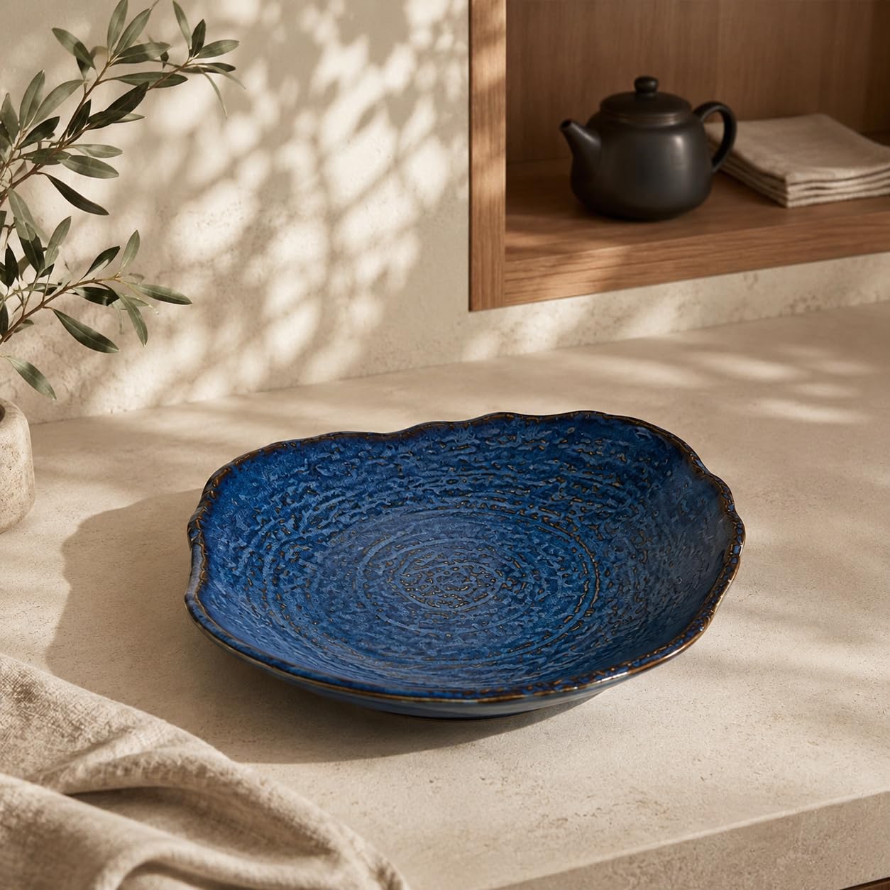 Blue Ceramic Decorative Bowl, 9.65 In Reactive Glaze Style Centerpiece