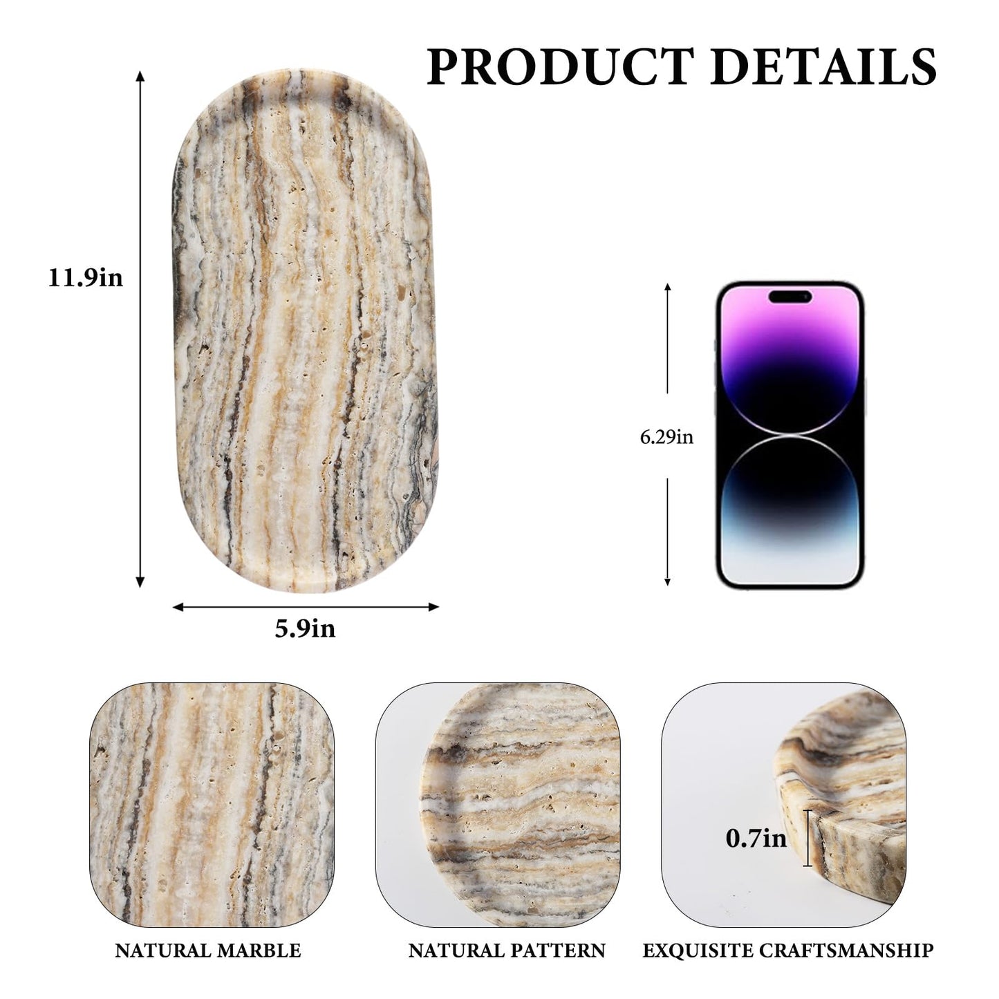 Koville Natural Marble Bathroom Tray for Decor Countertop, Marble Vanity Tray for Candles Perfume, Jewelry, Cosmetics, Stone Decorative Trays for Dresser Organizer(White Traonyx)