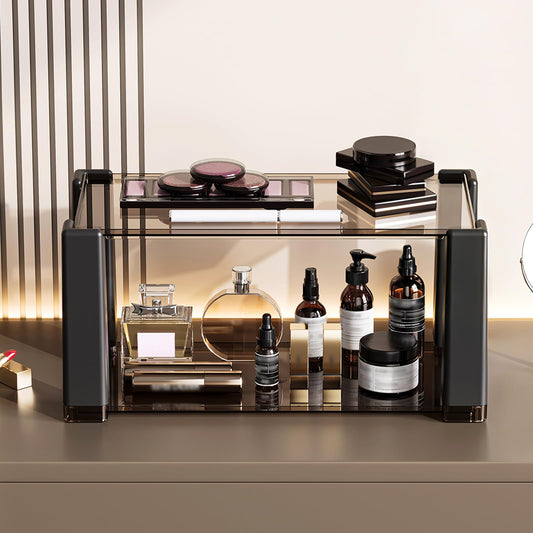 YOSHIONAL 2-Tier Modern Minimalist Display Shelf, Multi-Purpose Organizer for Makeup, Perfume, Mugs, Figures, Clear Desktop Storage with Sturdy Frame for Bathroom, Kitchen, Office, and Home Decor B