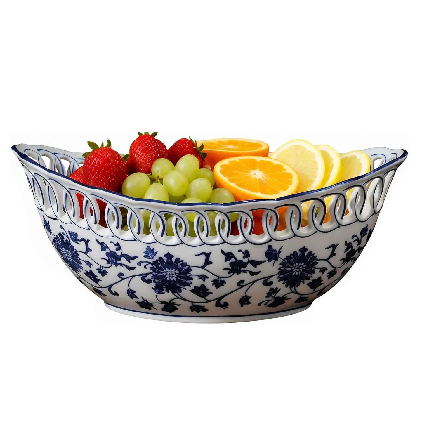 Aimusego Blue and White Porcelain Fruit Bowl, Hand Painted Floral Retro Hollow Ceramic Fruit Tray Plate Dish, Colander, Chinoiserie Oval Decorative Candy Serving Basket for Housewarming
