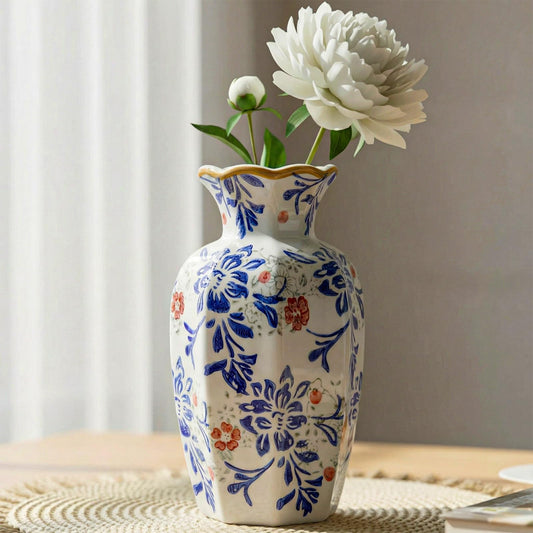 LemonRoad 9.5 Inch Vintage Ceramic Vase Chinoiserie Blue and White Flower Vase Porcelain Decorative Antique for Living Room Kitchen Bedroom Decor Table Centerpiece