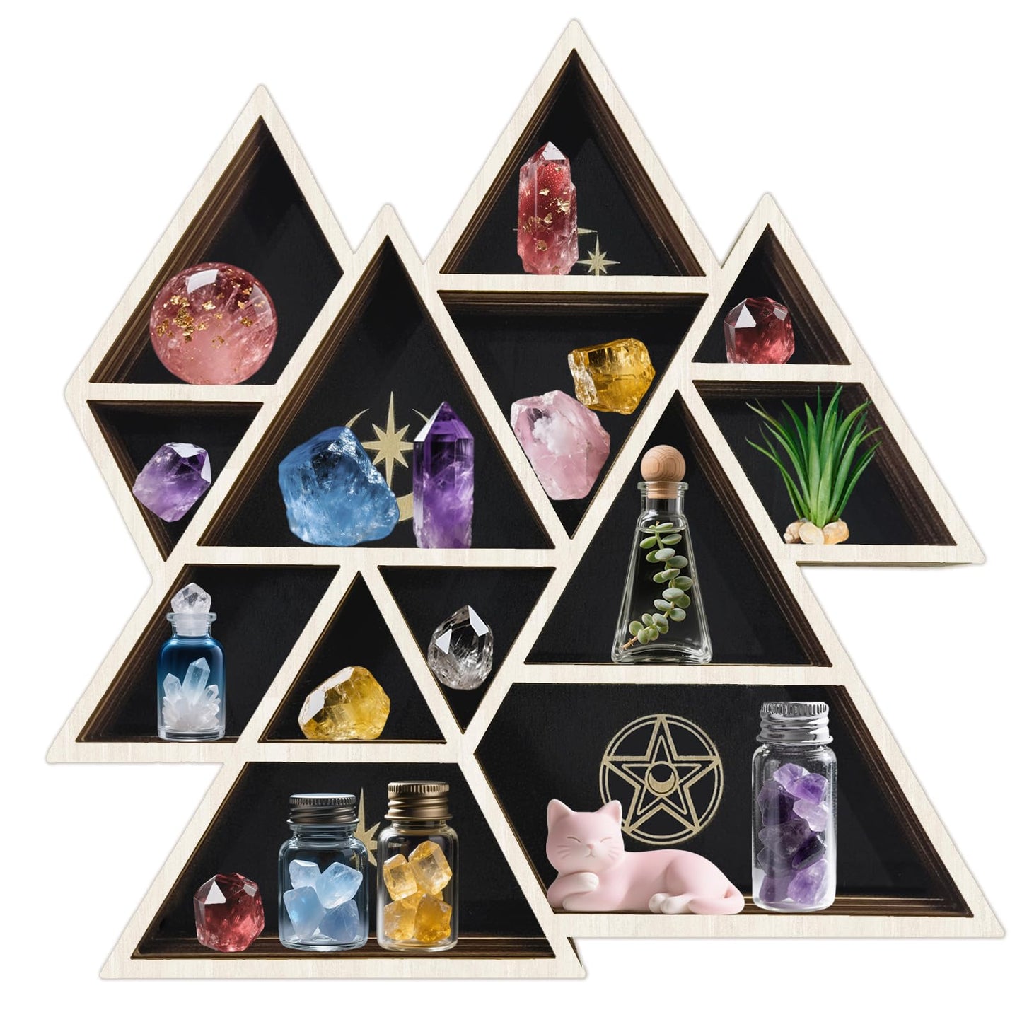 peacoblue Mountain Shaped Crystal Display Shelf 11.8" L× 11.8" W× 1.2" Wooden Wall Mounted Decor with Multiple Compartments for Crystals, Gemstones & Trinkets for Bohemian, Witchy & Modern Interiors