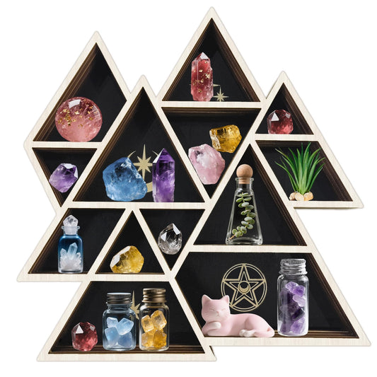 peacoblue Mountain Shaped Crystal Display Shelf 11.8" L× 11.8" W× 1.2" Wooden Wall Mounted Decor with Multiple Compartments for Crystals, Gemstones & Trinkets for Bohemian, Witchy & Modern Interiors
