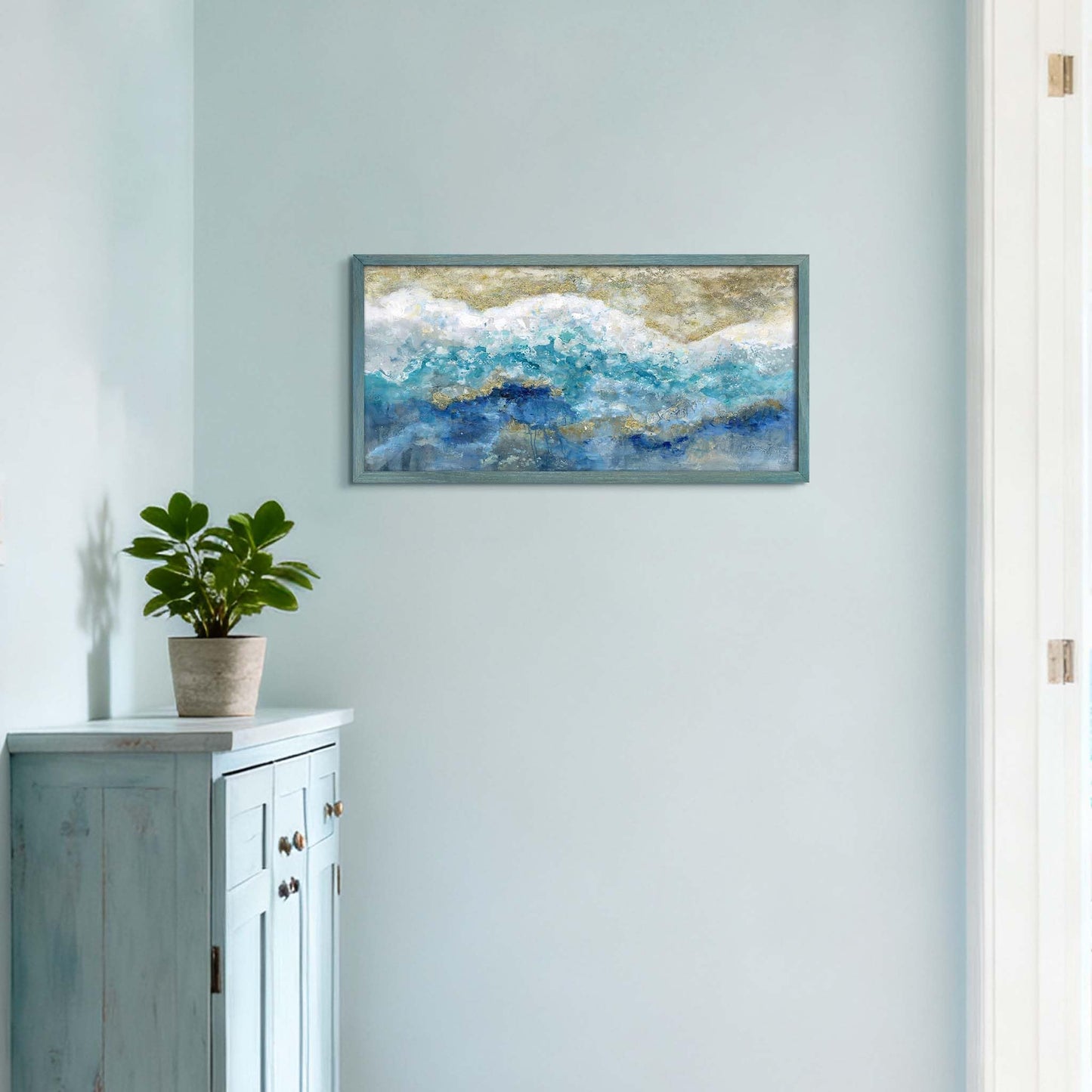 Abstract Wall Art Painting - Blue and Teal Ocean Theme with Gold Accents for Living Room Office Decor 24"x12"