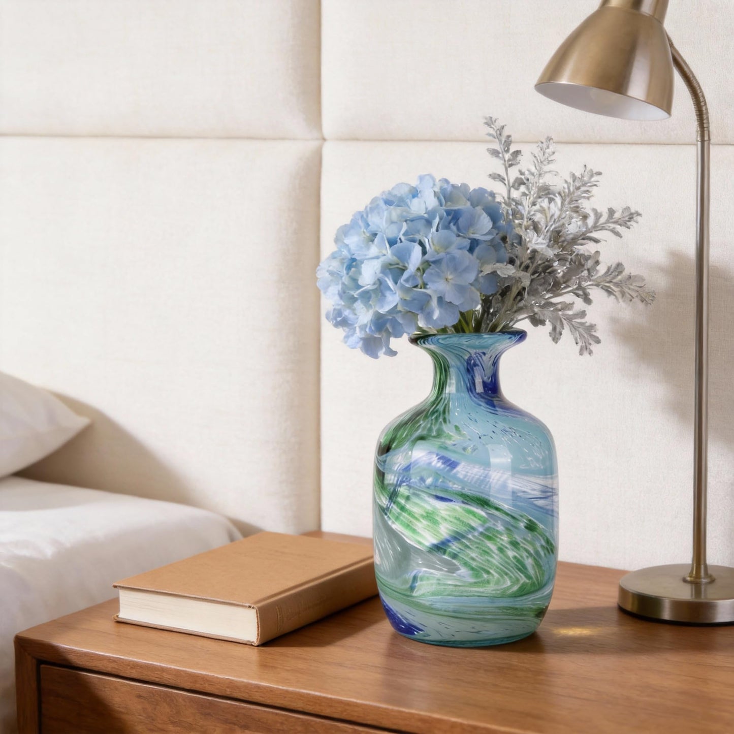 Hand-Blown Glass vase, Bluegreen Decorative vase, Modern Glass Art Piece, Ideal for Centerpiece Display in Living Rooms, Dining Tables, Offices, bathrooms, Coffee Tables, or entryway Decor.