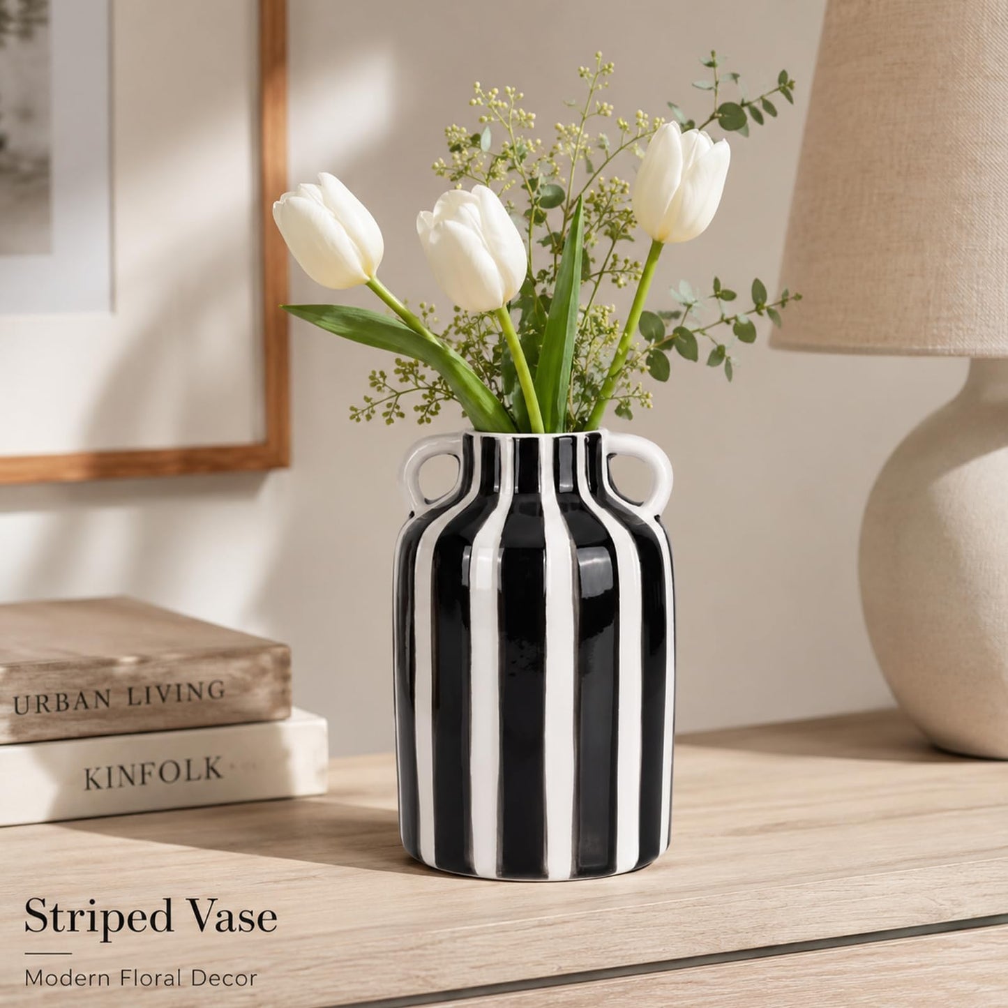 Blue and White Striped Ceramic Vase with Handles, Hand Painted Small Flower Vase for Tabletop Shelf Mantel Kitchen Counter Home Decor, Single Decorative Jar (Black)