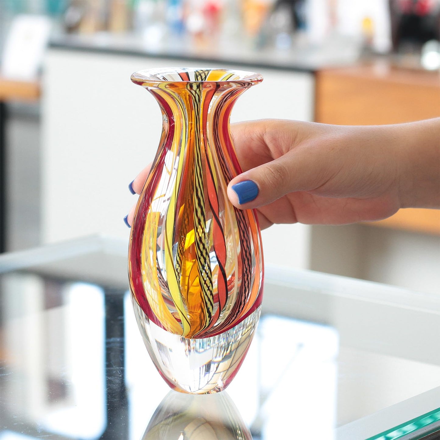 Ca D Oro Small Glass Vase Boho with Red/Yellow Canes Hand Blown Murano-Style Art Glass - Model Nº 2