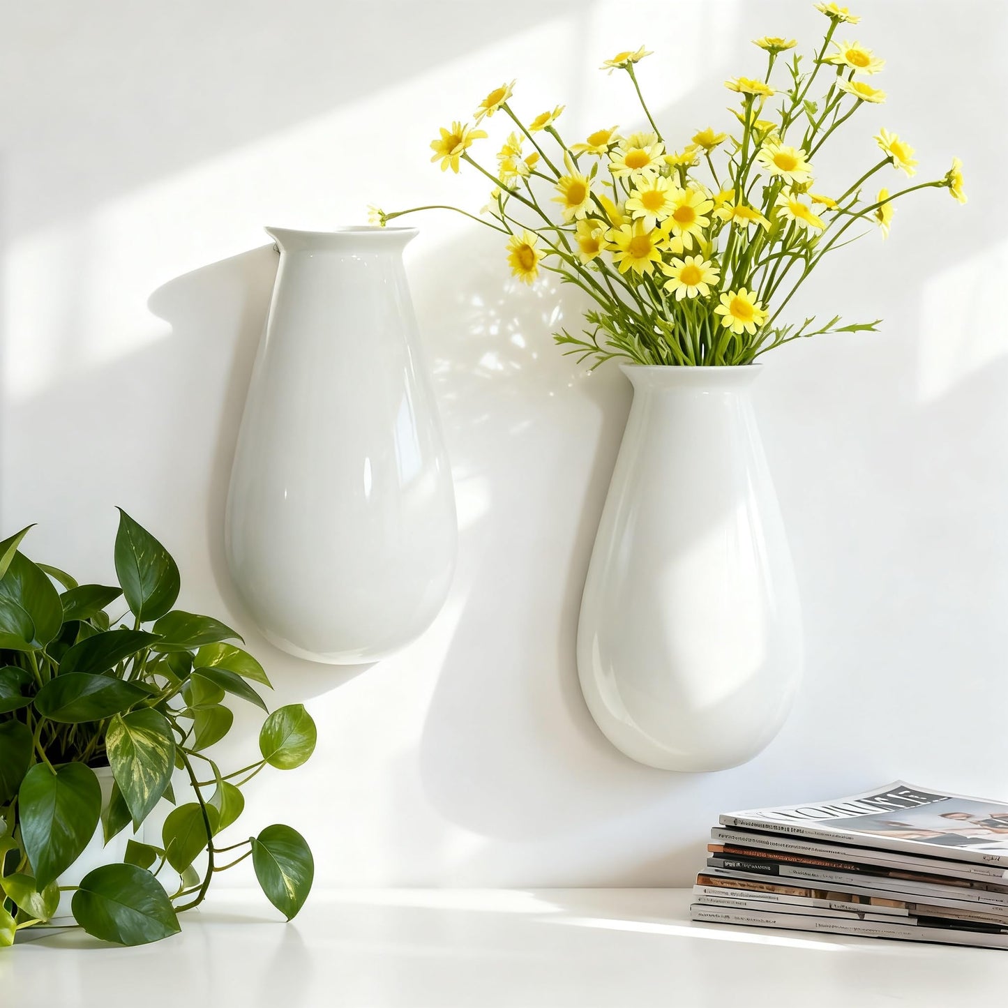 Wall Hanging Planters for Indoor Plants, Set of 2, Wall Mounted Vase for Home Decor, Modern White Wall Decor for Bathroom, Kitchen, Dining Room, Living Room