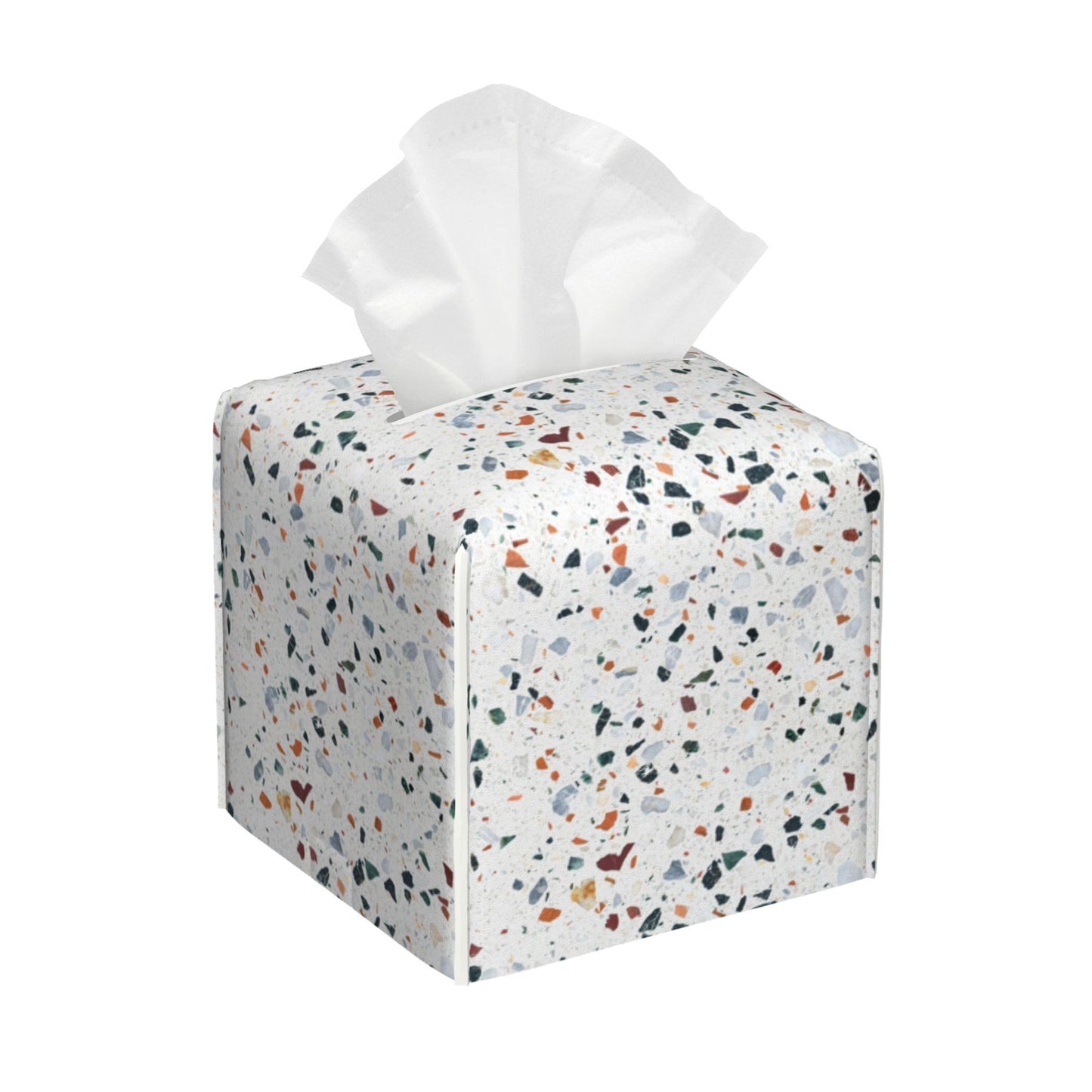 OHEGBXE Tissue Box Cover Terrazzo Marble Tile Leather Tissue Box Holder Cube Paper Case Cover Facial Paper Organizer Dispenser for Bathroom, Vanity Countertop, Office Desk