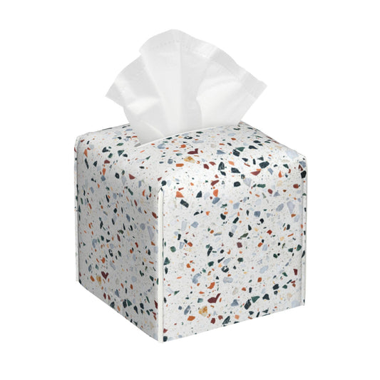 OHEGBXE Tissue Box Cover Terrazzo Marble Tile Leather Tissue Box Holder Cube Paper Case Cover Facial Paper Organizer Dispenser for Bathroom, Vanity Countertop, Office Desk