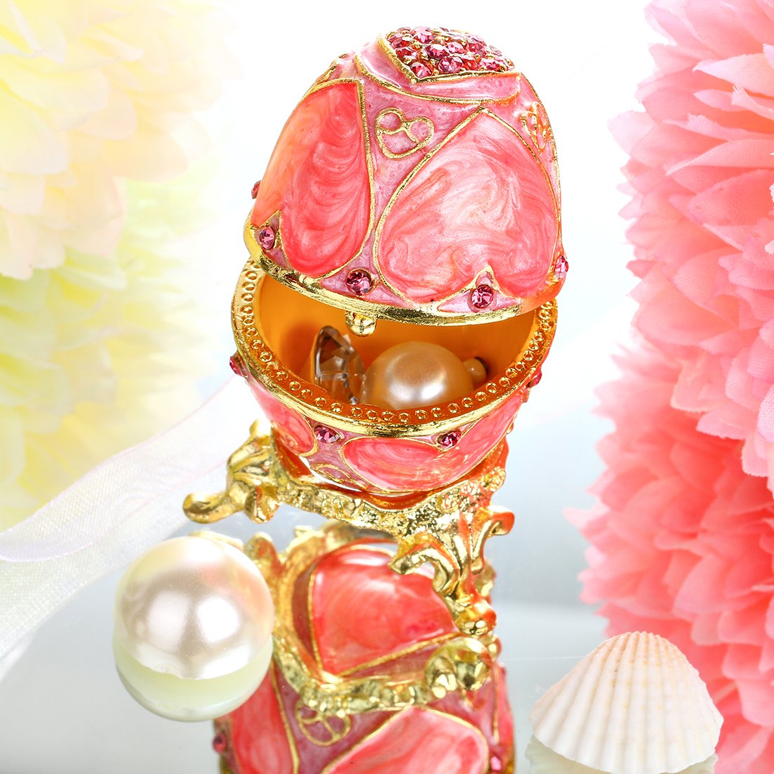 YU FENG Faberge Egg Trinket box Jewelry Box Hinged Collectible Rhinestones Jeweled Painted Enameled Decorative Egg (Pink)