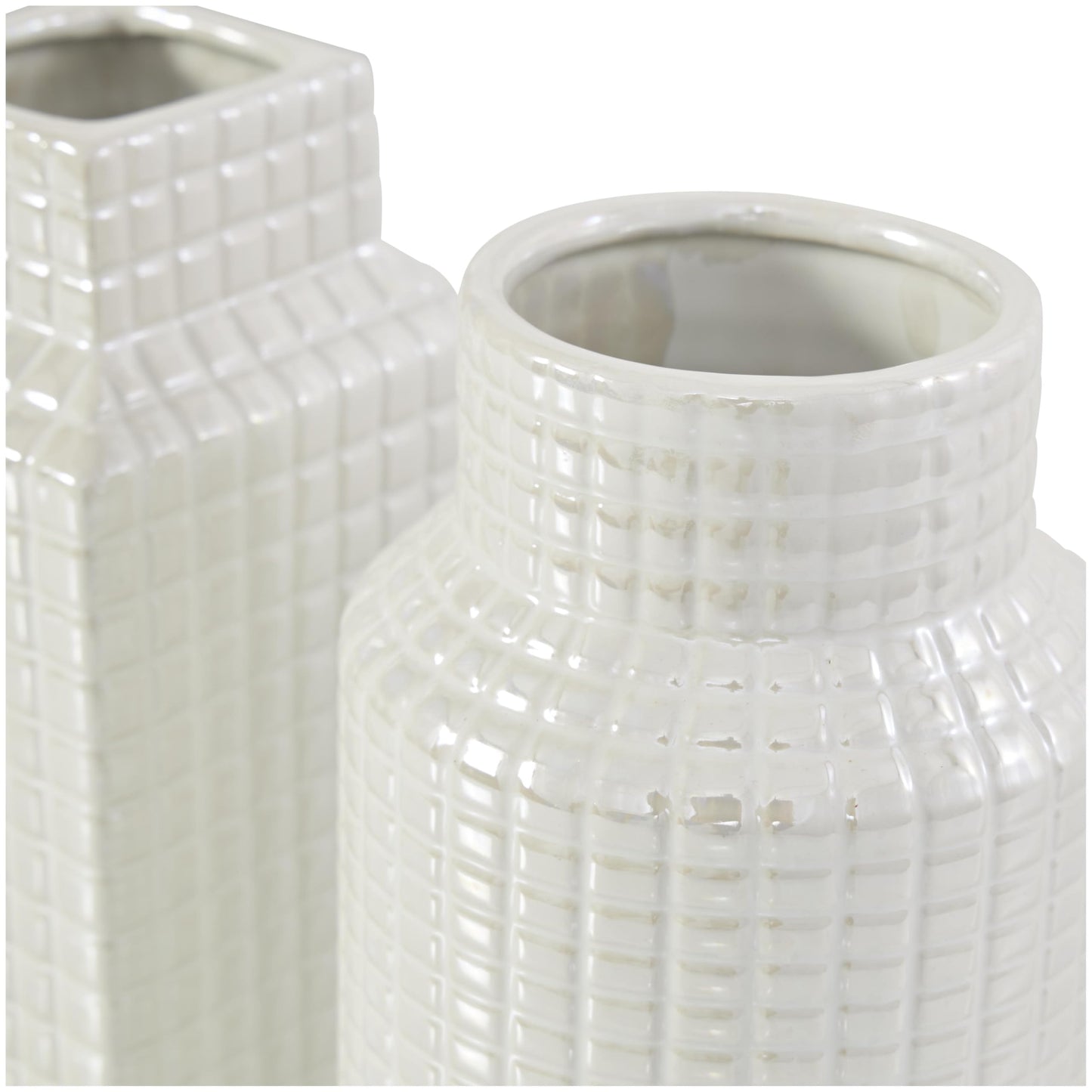Deco 79 Ceramic Geometric Decorative Vase Dimensional Textured Centerpiece Vases with Varying Shapes and Grid Patterns, Set of 3 Flower Vases for Home Decoration 3" W, 8" H, Cream