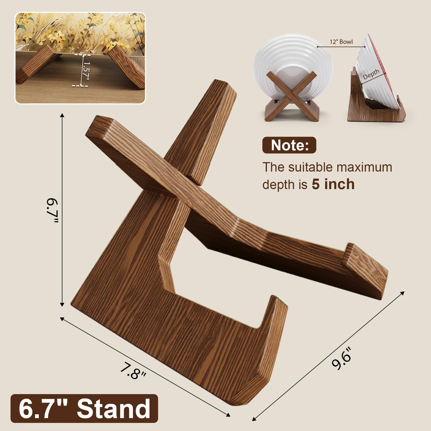 2Pack Large Bowl Stands for Display 12 Inch Heavy Duty, Extra Wide Wooden Plate Stand Deep, Wood Bowl Holders for Displaying, Decorative Platter Easel Holder for Pie, Pottery,Bowls,Dish,Easels,Picture