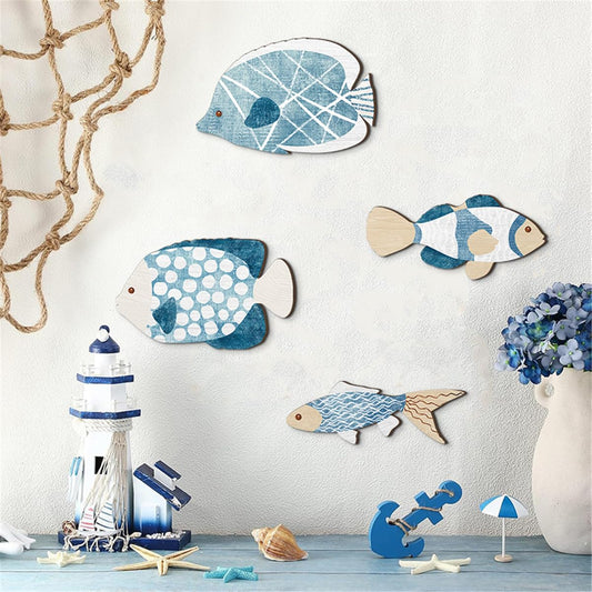 4 Pcs Wood Fish Wall Decor, Wooden Sea Fishes Wall Hanging Art Decors, Vintage Nautical Beach Coastal Theme Wall Sculptures, Blue School of Fish Wall Ornaments Home Decorations for Bathroom Bedroom
