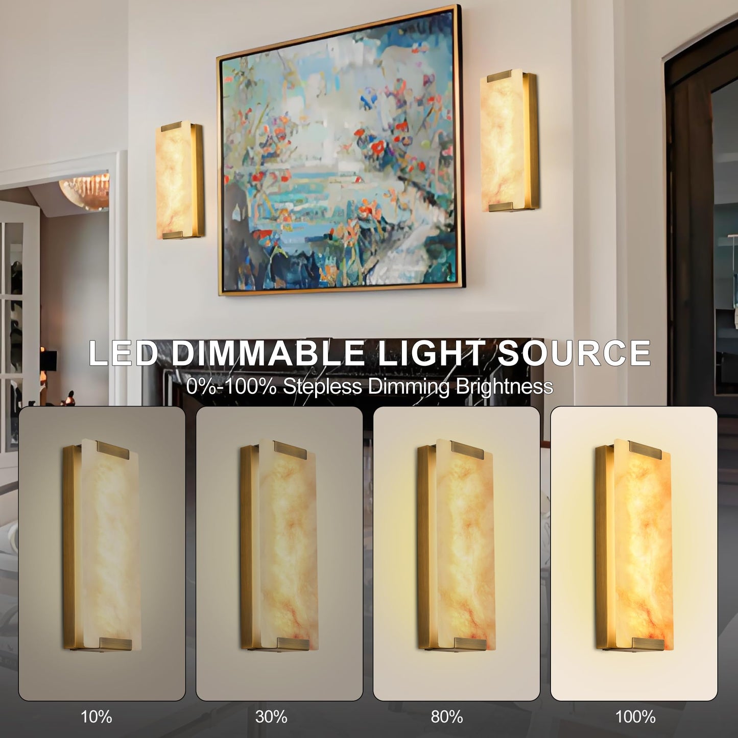 14.2 in Brass Alabaster Wall Sconces, Natural Marble Wall Sconces Set of Two, Indoor Alabaster Sconces for Living Room, LED Modern Alabaster Sconces Wall Lighting for Dining Room,Bedroom ,Stairs
