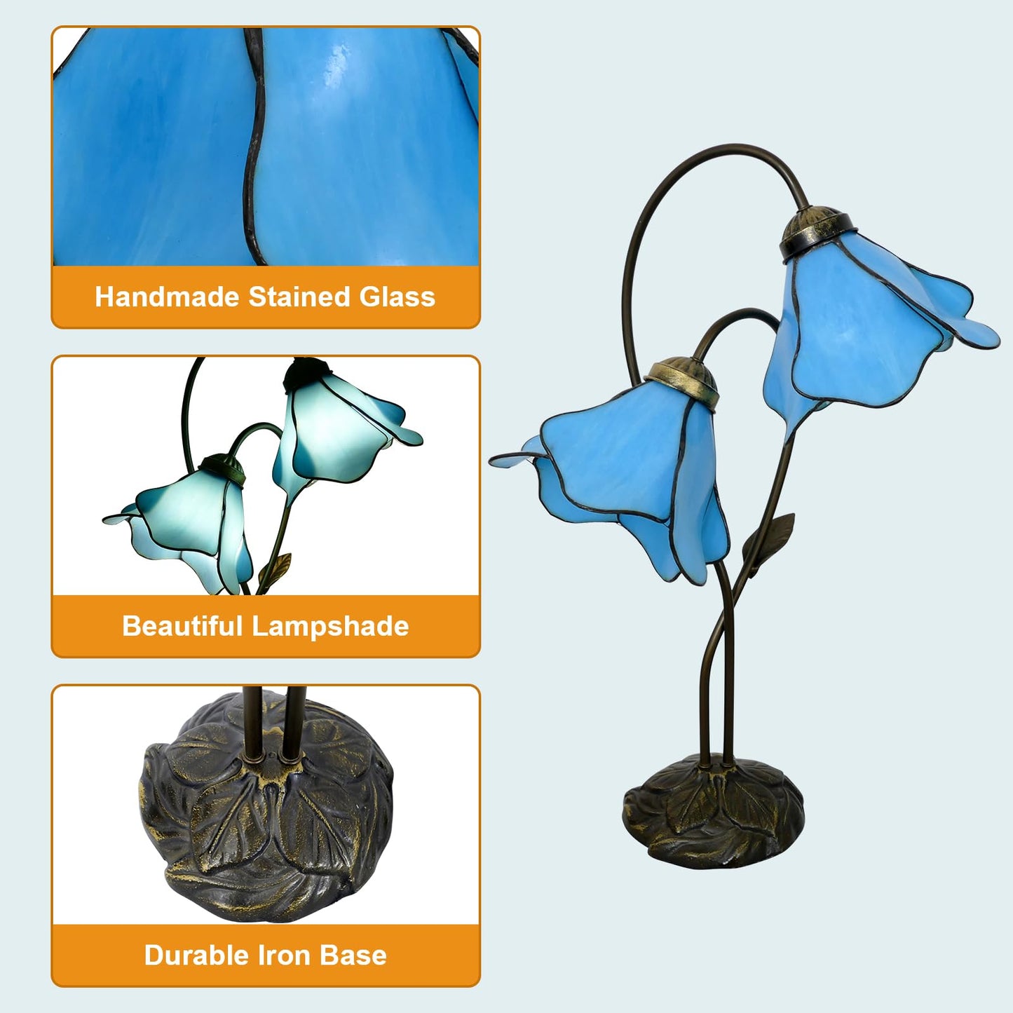VirtueKing Blue Lotus Stained Glass Lamps Double Headed Desk Lamp 2-Light Tiffany Table Lamp 8" Wide 24" Tall Tiffany Style Table Lamp LED Bulb Included