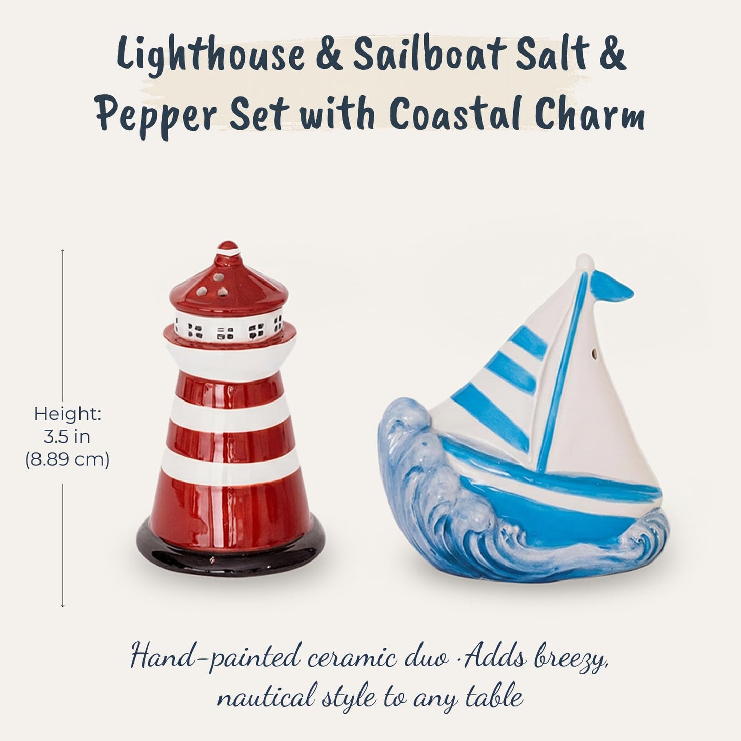 Blue Sky Clayworks Lighthouse & Sailboat Salt & Pepper Shaker Set, Ceramic, 3.5" L x 2" W x 3.5" H, Coastal Tabletop Duo