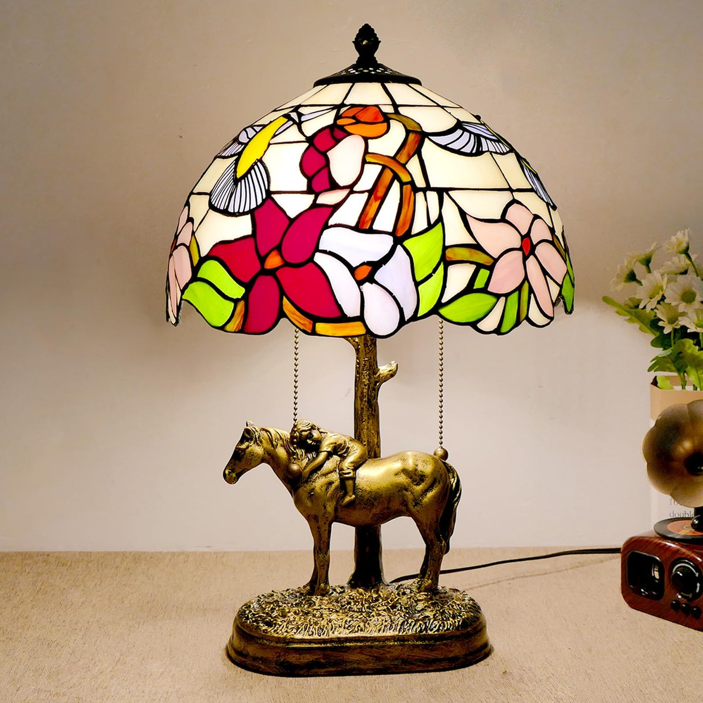 JGWSQ Hummingbird Tiffany Table Lamp, Flower Stained Glass 2-Light Lamp