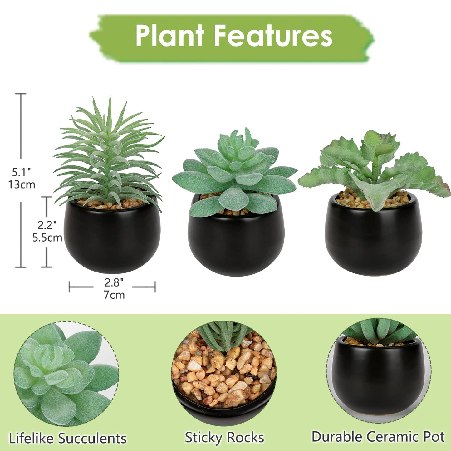 Briful 3PCS Artificial Succulents Fake Plants Mini Succulents Potted in Black Ceramic Pots Artificial Plastic Plants for Home Office Desk Farmhouse Bathroom Décor