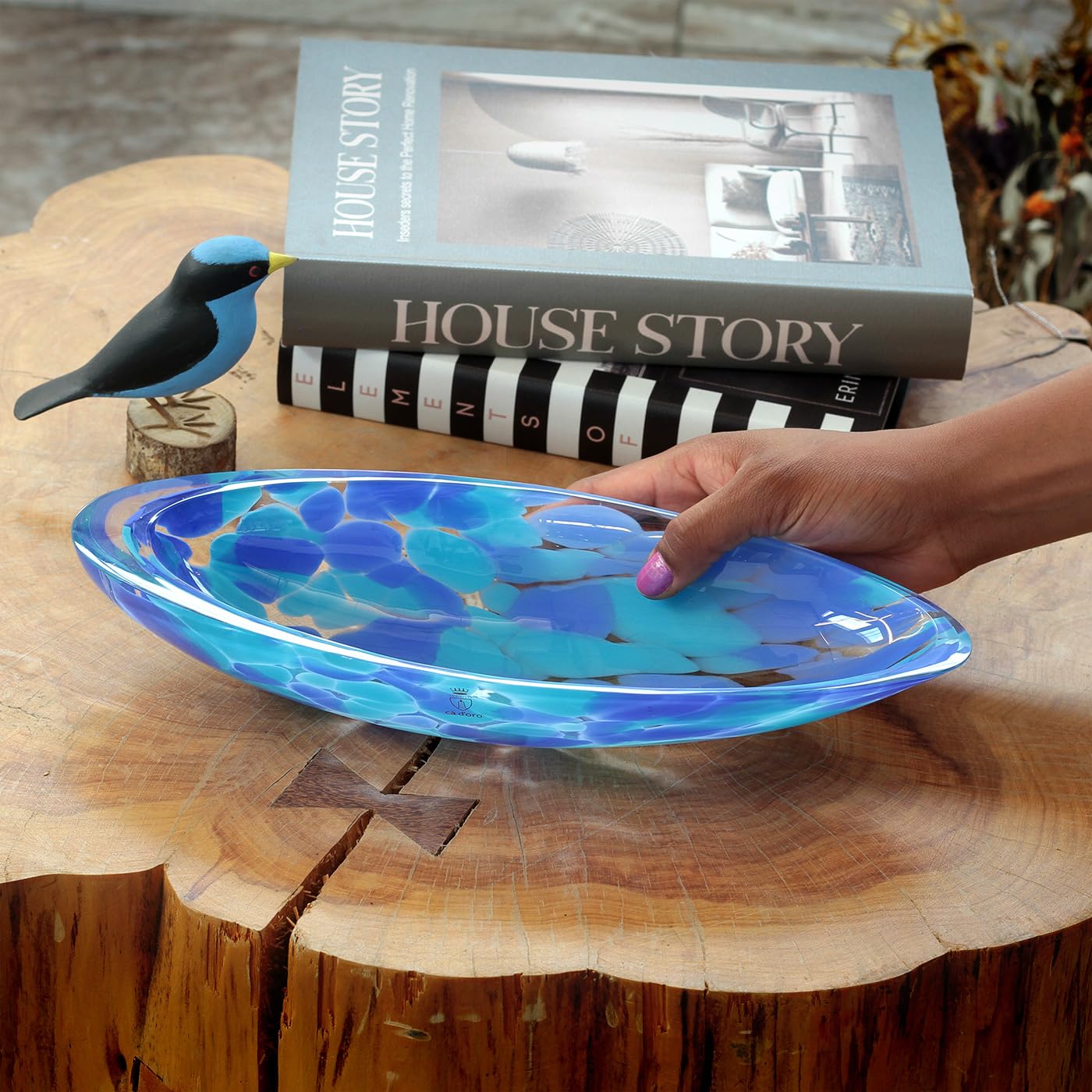 Ca D Oro Murano Style Small Decorative Blue Glass Bowl and Centerpiece with Confetti Effect Hand Blown Art Glass Crystal for Home and Room Decoration - Canoe