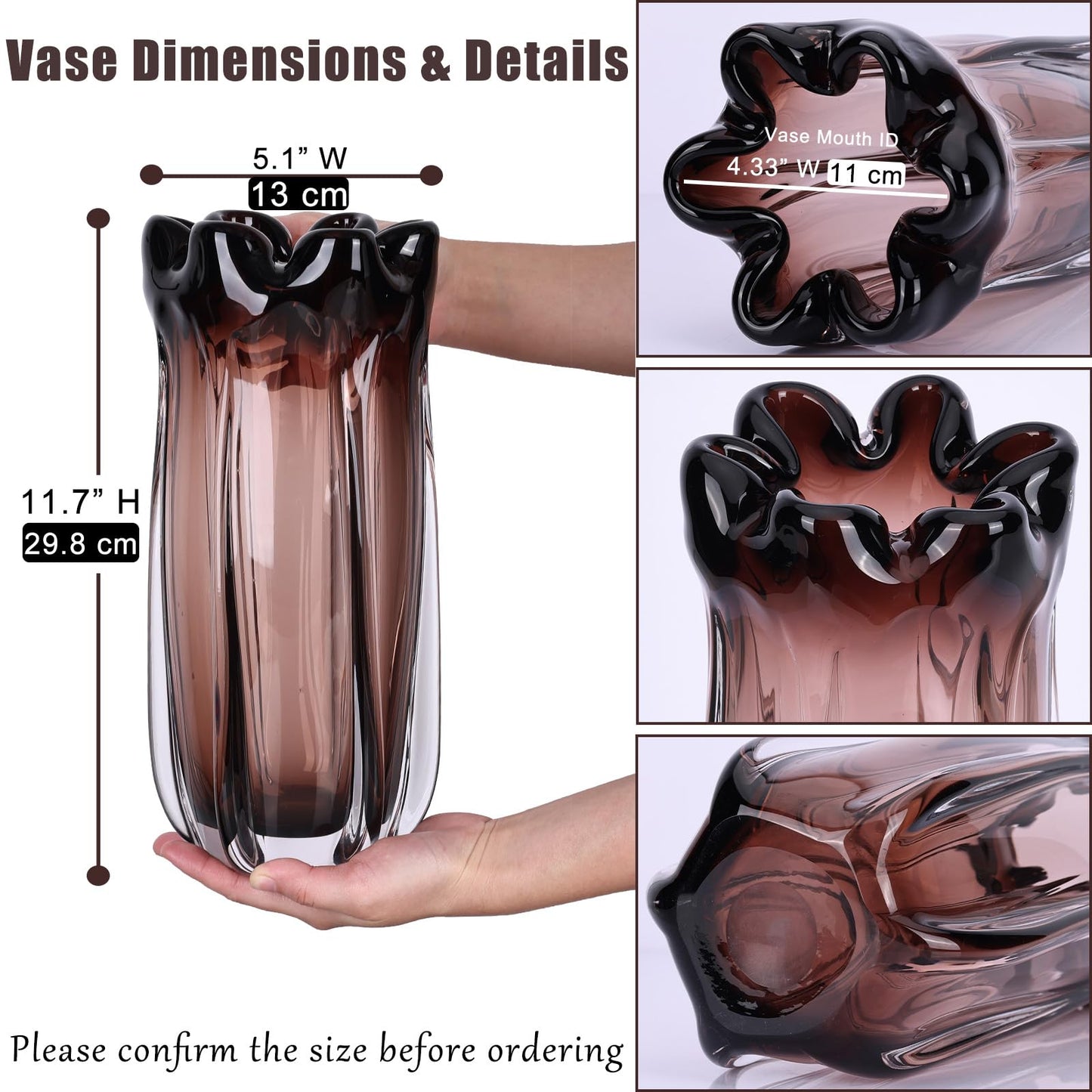 oliruim Blown Purple Brown Glass Vase, 11.7 Inch- Art Wide Mouth Glass Vase for Living Room Centerpiece Decor, Coffee Table, Fireplace Mantel, Floral Arrangement & Home Accents (Purple Brown, L)