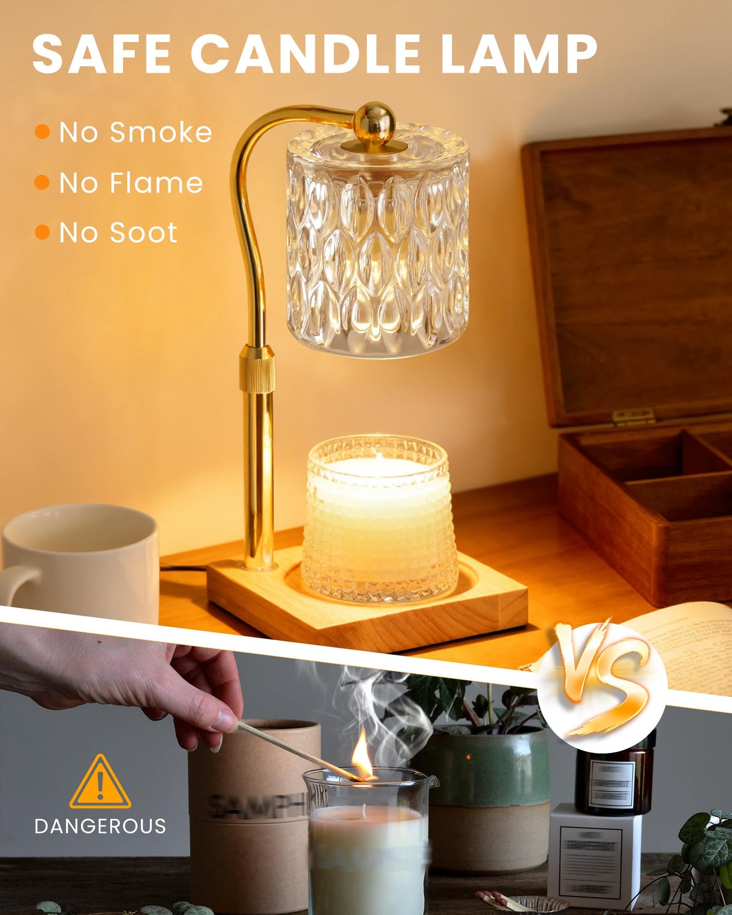 Candle Warmer Lamp Adjustable Height with Timer Dimmer, Dimmable Glass Wax Melt Warmer Light for Scented Jar, Present for Women Candle Lovers Christmas House Warming Home Decor Brithday, Crystal