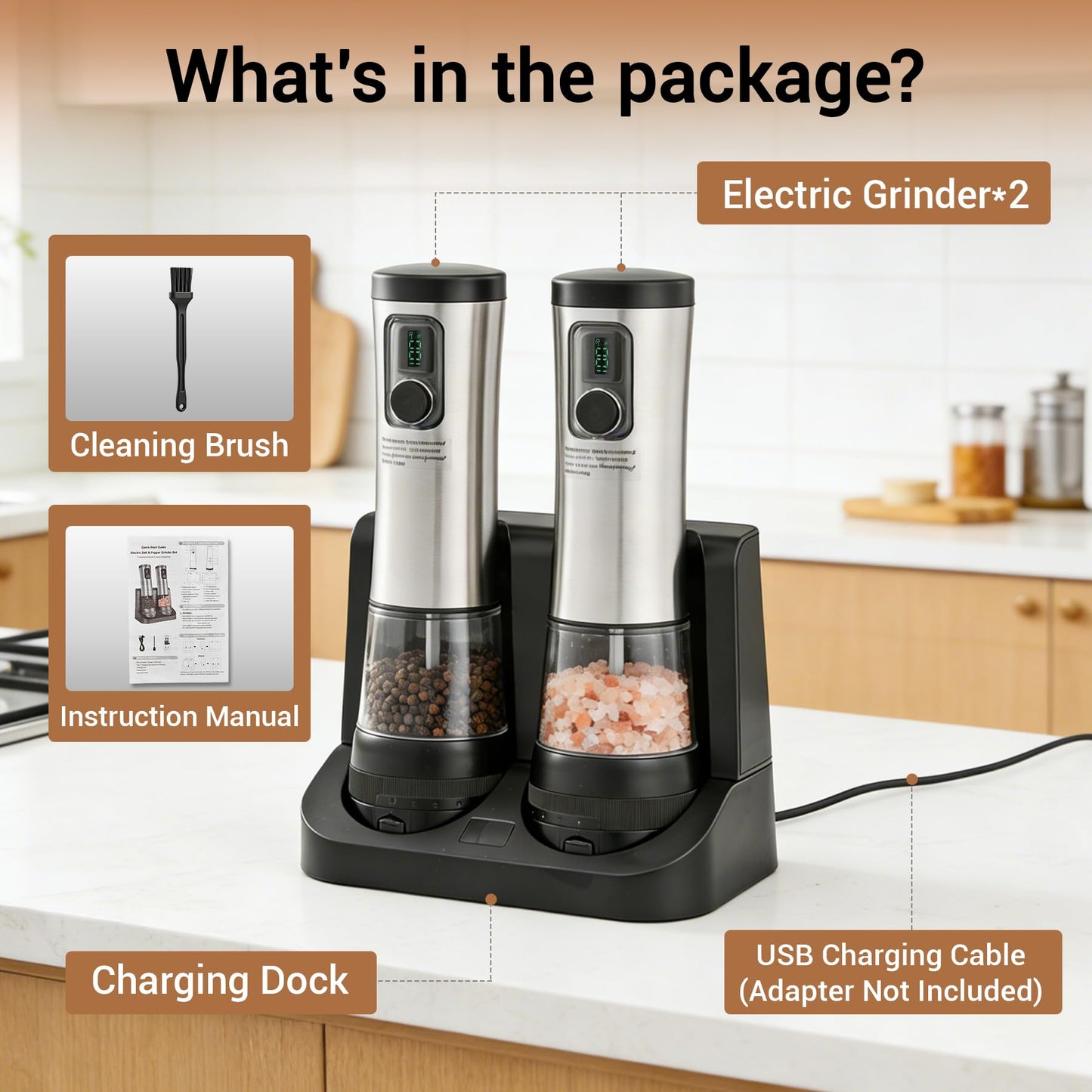Electric Salt and Pepper Grinder Set with Rechargeable Base，Stainless Steel Automatic Refillable Electric Salt and Pepper Shakers，Large Capacity, 2-Speed Setting, LED & Adjustable Coarseness, Black