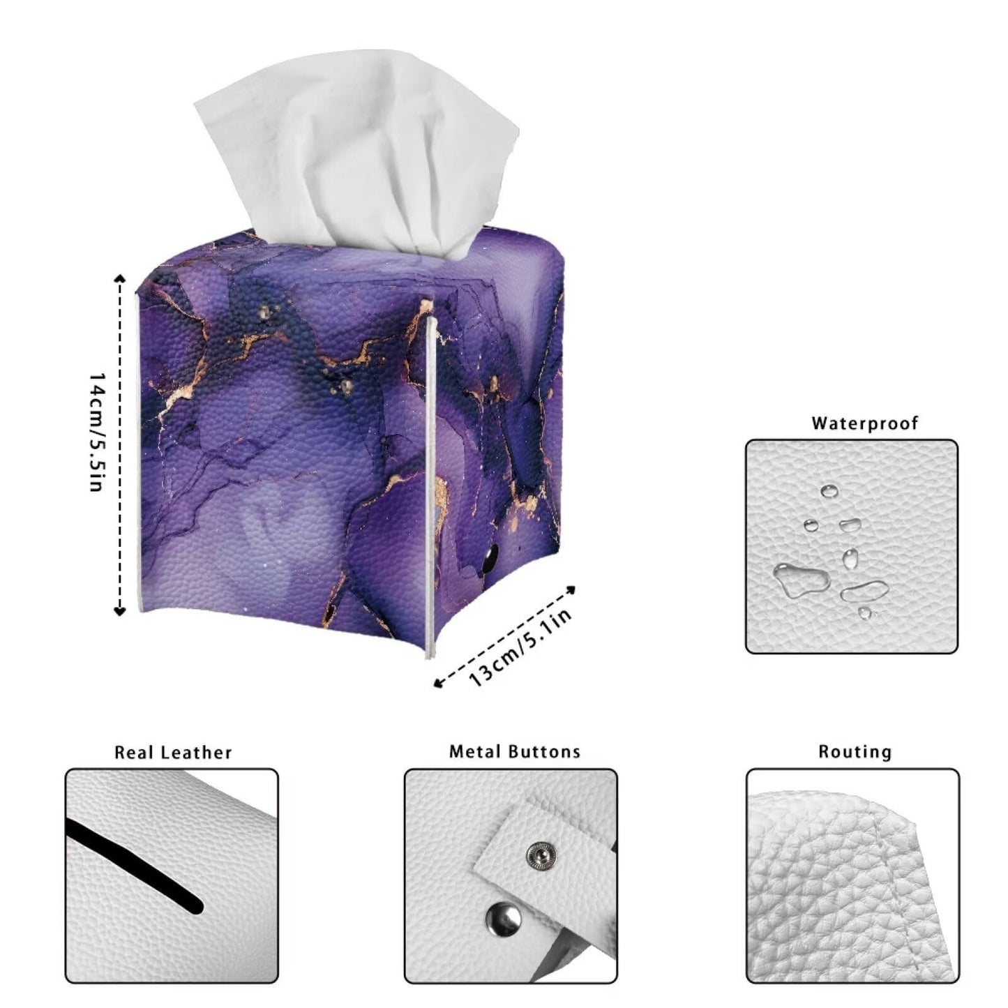 Xsehusvy Marble Purple Tissue Box Cover PU Leather Cube Tissue Holder with Bottom Belt Waterproof Square Facial Tissue Boxes Decorative Organizer for Bathroom Vanity