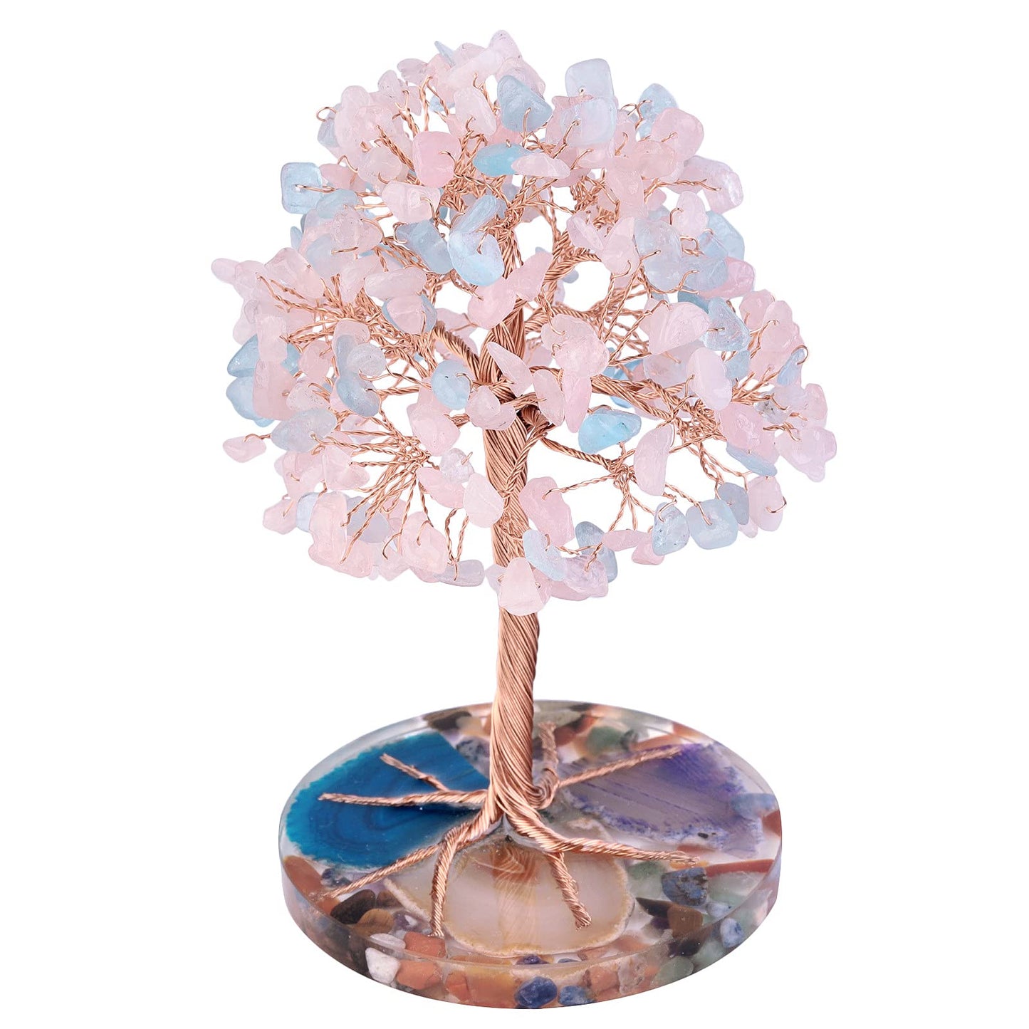 Rockcloud 4.7"-5.5" Rose Quartz&Aquamarine Money Tree with Agate Slice Base