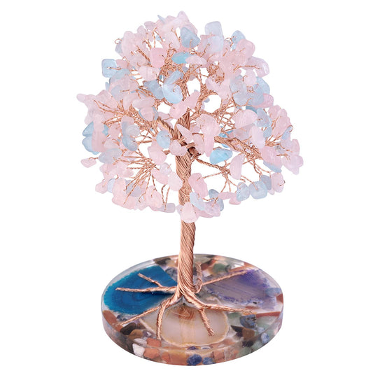 Rockcloud 4.7"-5.5" Rose Quartz&Aquamarine Money Tree with Agate Slice Base