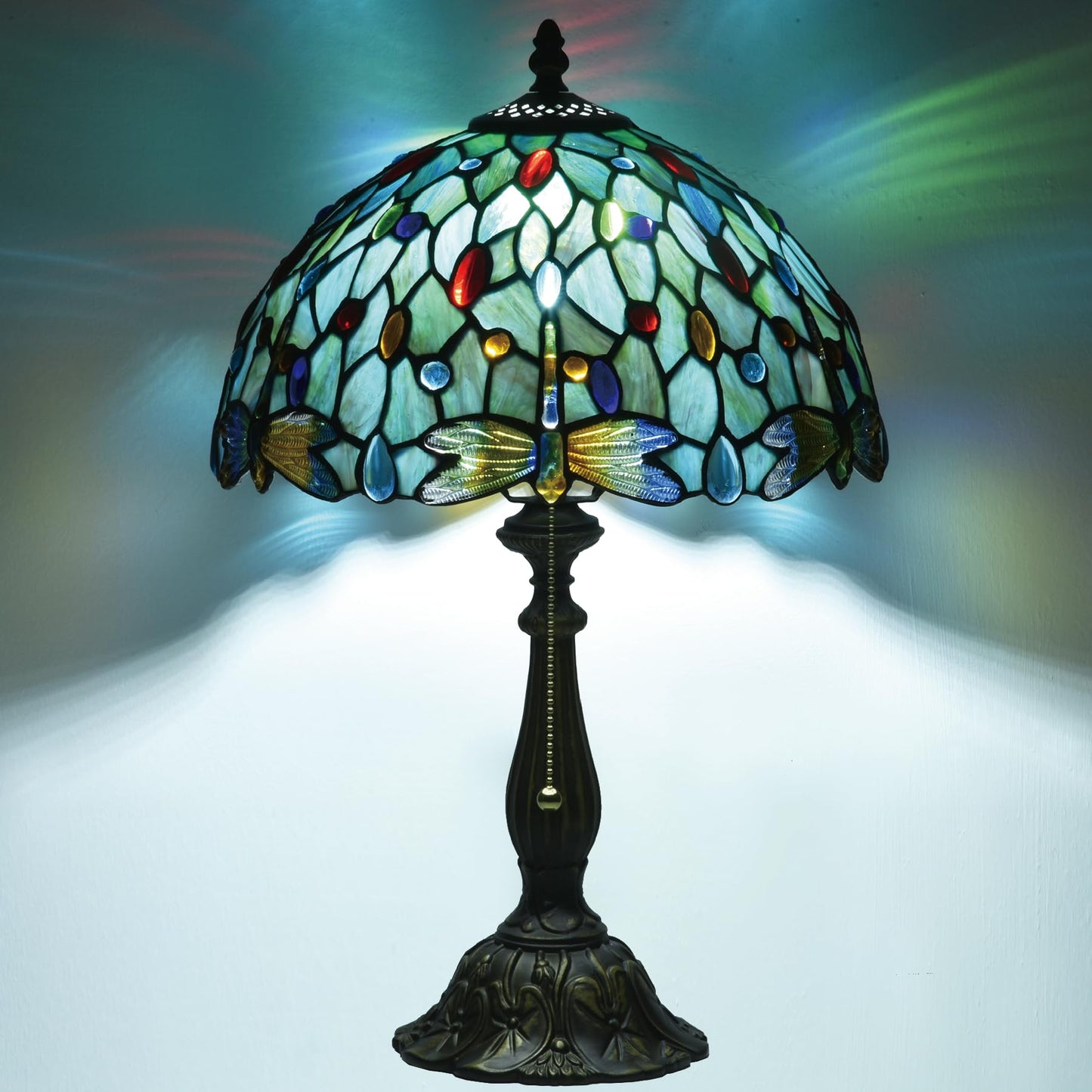 Msrzuds Tiffany Style Stained Glass Table Lamp 12-inch Dia Ocean Blue Dragonfly Design Lampshade Vintage Nightstand Light for Bedroom Dorm Living Hallway Cottage Office Cafe Ceremony Housewarming Gift