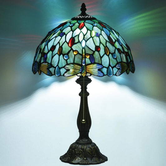 Msrzuds Tiffany Style Stained Glass Table Lamp 12-inch Dia Ocean Blue Dragonfly Design Lampshade Vintage Nightstand Light for Bedroom Dorm Living Hallway Cottage Office Cafe Ceremony Housewarming Gift