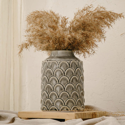 Ceramic Flower Vase, 7.28” Rustic Farmhouse Decorative Vase for Home Decor, Gray Textured Pottery Vase for Pampas Grass, Living Room, Entryway, Mantel, Kitchen Table, Centerpiece