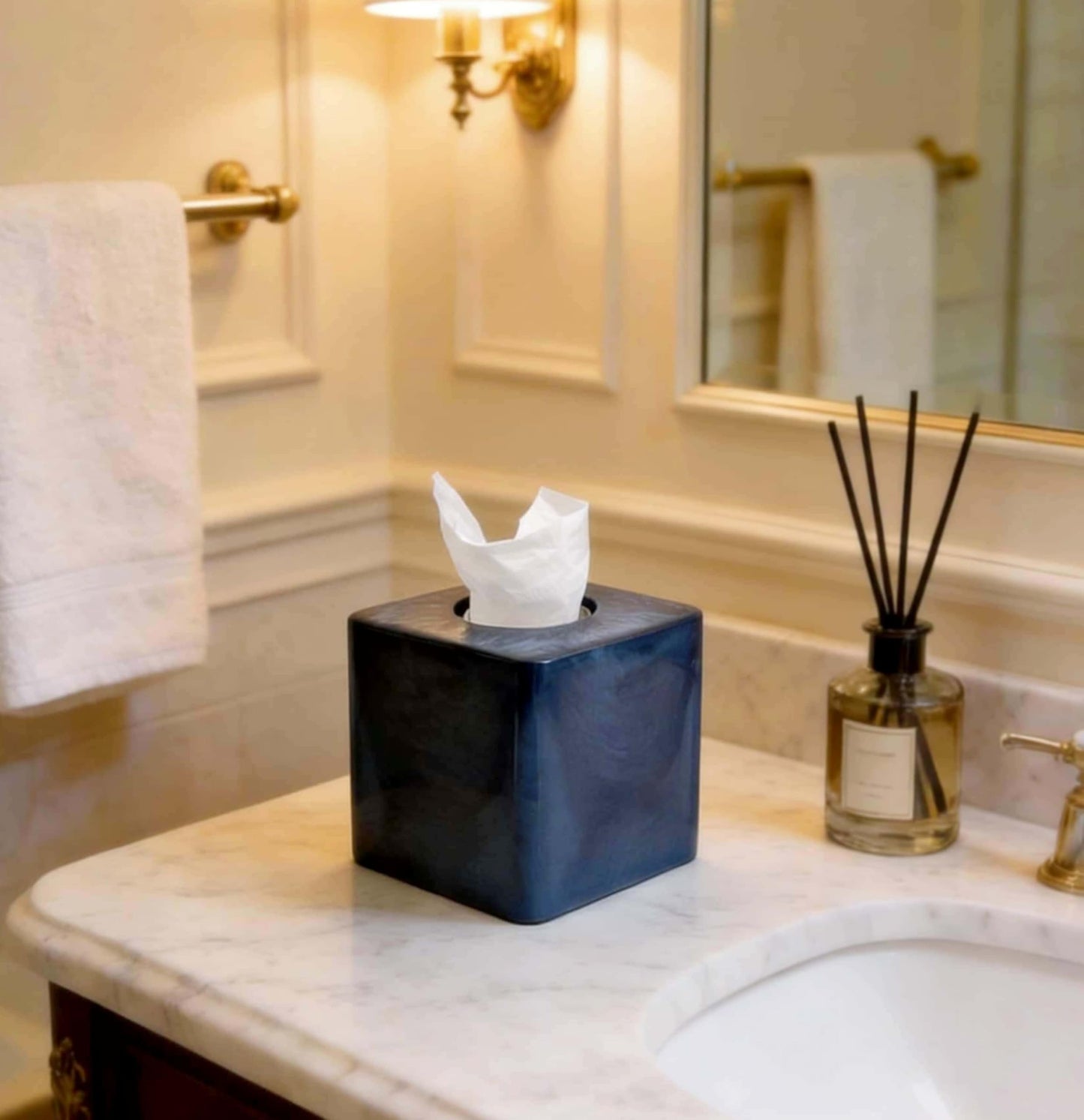 Navy Blue Pearl Swirl Square Tissue Box Cover Holder with Open Bottom.Modern Resin Tissue Box Cube Dresser Accessories for Bathroom Livingroom Kitchen Office,Home Decor Gifts