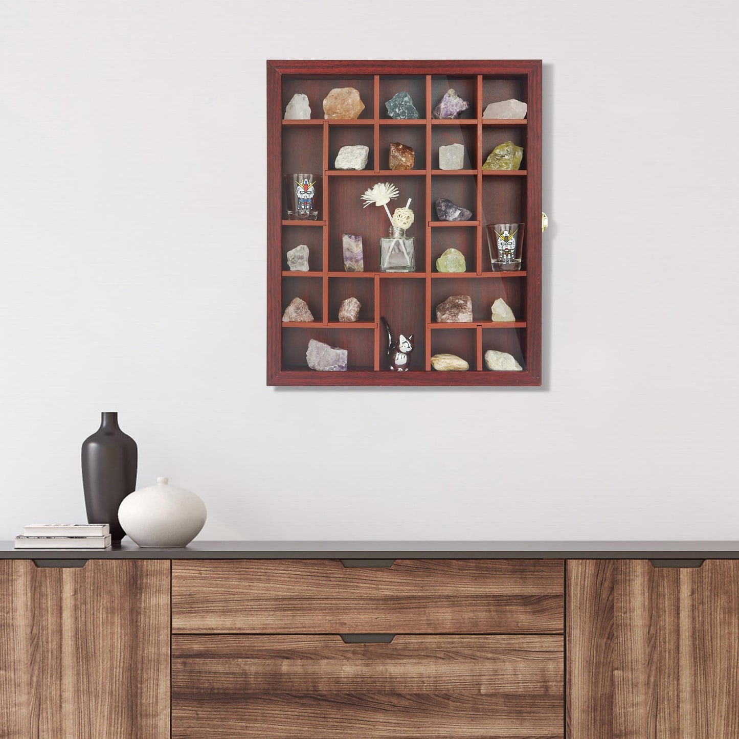 FramePro Rock Display Case - Adjustable Mineral Collection Box with Glass Lid, Wooden Cabinet for Rock, Fossil, Crystal, Seashell Collections - Geology Gift for Adults/Kids (16" x 13.5", Cherry)
