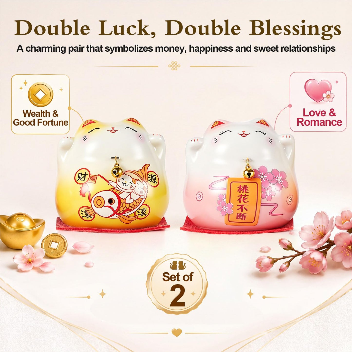 Chunful 2 Pcs Maneki Neko Lucky Cat Figurines, Mini Ceramic Fortune Cats for Wealth & Love, Japanese Feng Shui Decor with Non-Slip Base, Cute Desk Ornament & Gift for Home Office, Car Dashboard