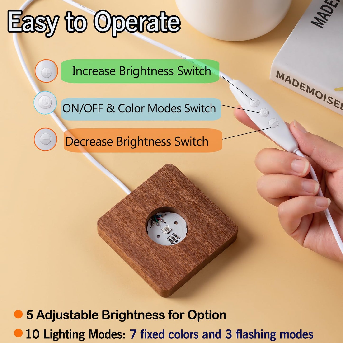 IFOLAINA LED Wood Light Base for Crystal Glass Art Crystal Sphere Holder Wooden Lamp Stand Base Multicolor Changing Square Lighted Base Pedestal for Resin Art Acrylic