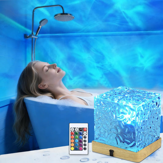 LETOUR Spa Like Shower Lamp,Rechargeable Shower Light 16 Color Changeable Ocean Wave Projector Lamp, Dimmable Waterproof Shower Lamp with Remote, Rotating Cube Water Ripple Lamp for Bath