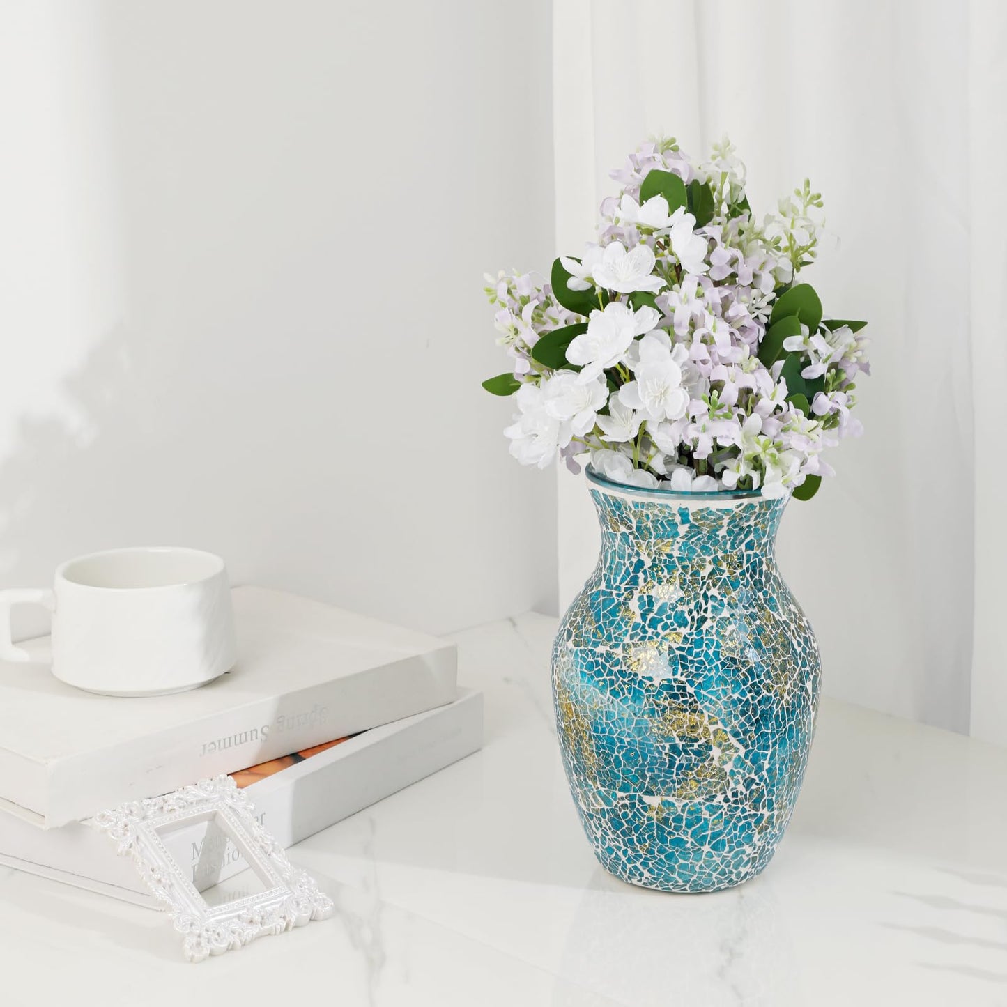 Faticdorr Mosaic Glass Vase, 8 Inch, Beautiful Mosaic Vase for Centerpiece, Home Decor, Wedding, Handmade, Blue and Gold