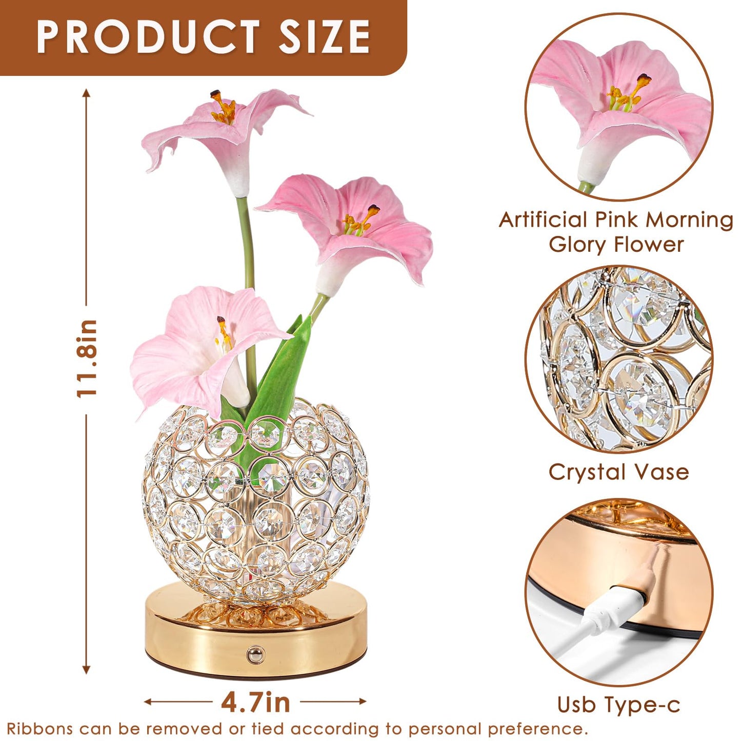 Lazzgan Pink Morning Glory Flowers Table Lamp, Rechargeable Cordless Touch Artificial Flower Crystal Lamp, Kitchen Bedroom Office Decor House Night Light, Birthday Gifts for Women Mom