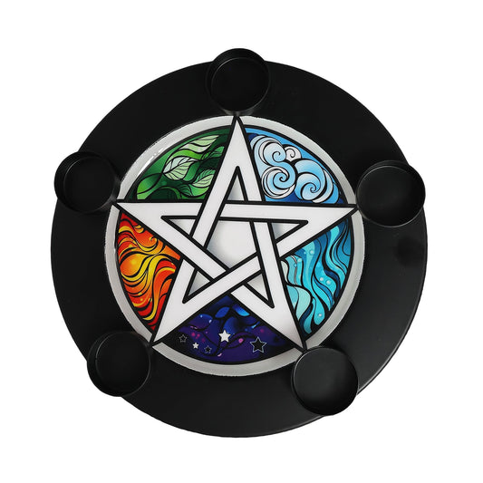 10" Metal Pentagram T-Light Plate – Holds 5 Tea Lights with Elemental Design