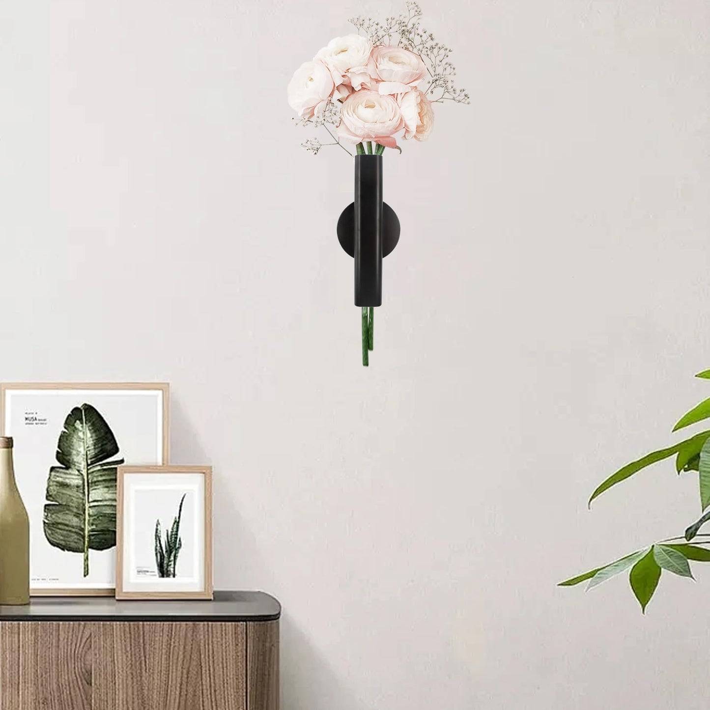 AUXBC 7" Wall-Mounted Flower Tube, Top/Bottom Open Vase, Wall Metal Flower Tube Decoration Holder for Flower Display, Home Office Living Room Bedroom Decoration with Adhesive Material, 2pcs(Black)