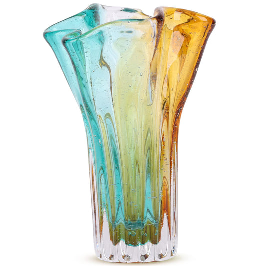 Hand Blown Wide Mouth Petal Glass vase, Colorful Modern Glass Art Home Decoration vase for Family Living Room, Wedding Venue, Dining Table Centerpiece, entryway Tabletop
