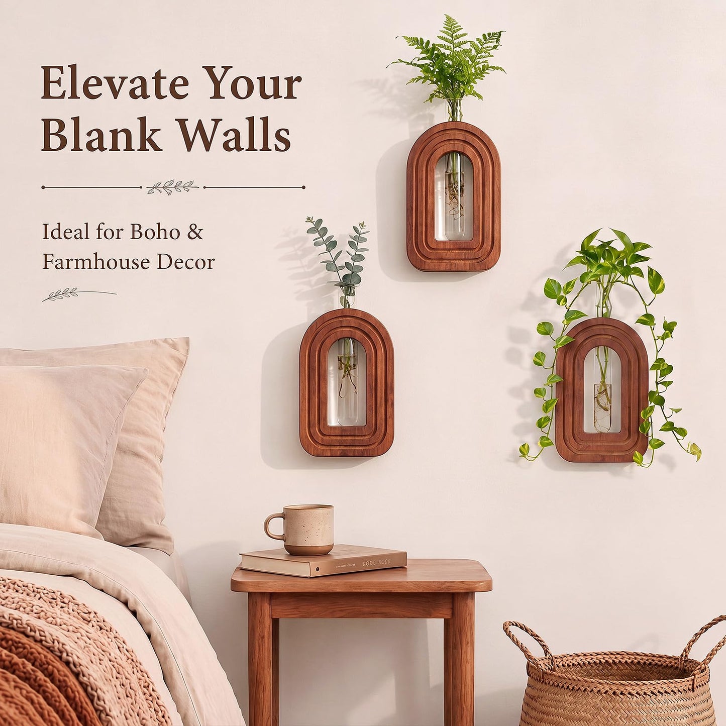 Capoda 3 Pack Wood Wall Planter Arch Propagation Station Wooden Hanging Vase with Glass Tube Boho Rustic Farmhouse Wall Decoration for Indoor Living Room Bedroom Bathroom (Dark Brown)